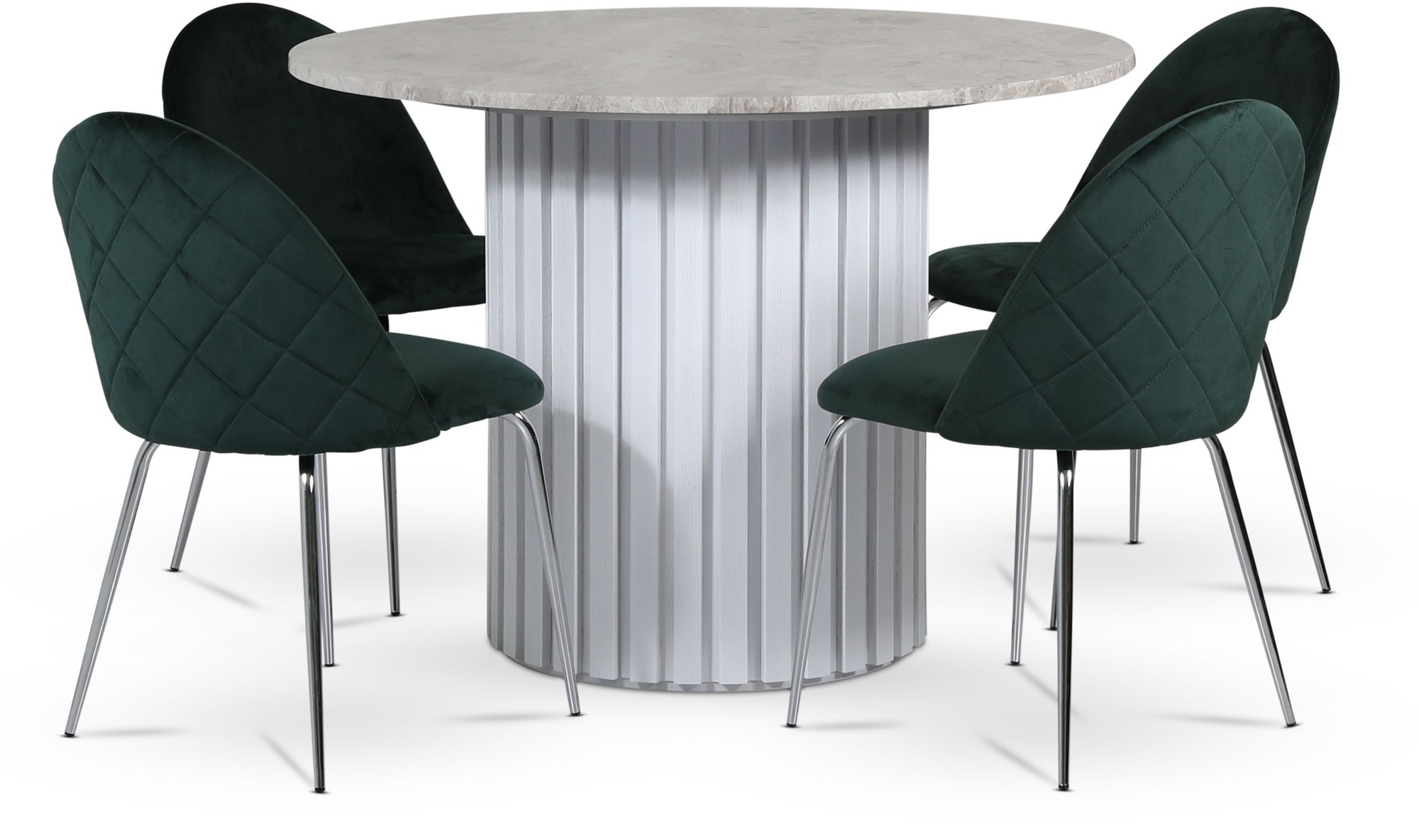Empire matgrupp �105 cm inkl. 4 st Plaza velvet gr�na stolar - Silver Diana marmor / Vit lamell tr�fot