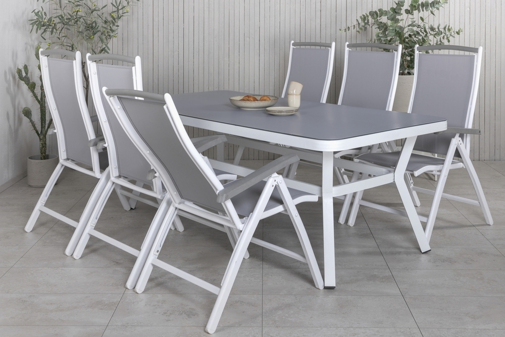 Virya buiteneetgroep met 6 Albany stoelen - Wit/Grijs Virya buiteneetgroep met 6 Albany stoelen - Wit/Grijs