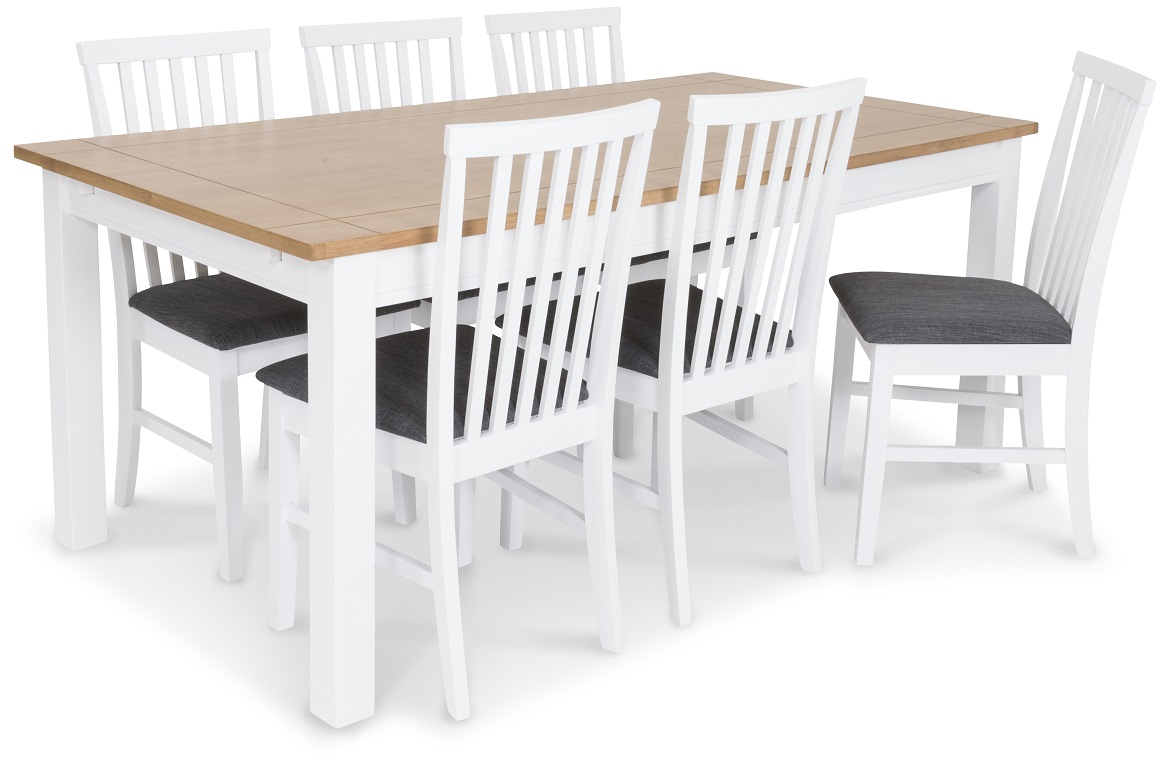 Skagen matgrupp - Skagen 180 cm matbord inklusive 6 st Alice matstolar med grå sits - Vit/ekbets Skagen matgrupp - Skagen 180 cm matbord inklusive 6 st Alice matstolar med grå sits - Vit/ekbets