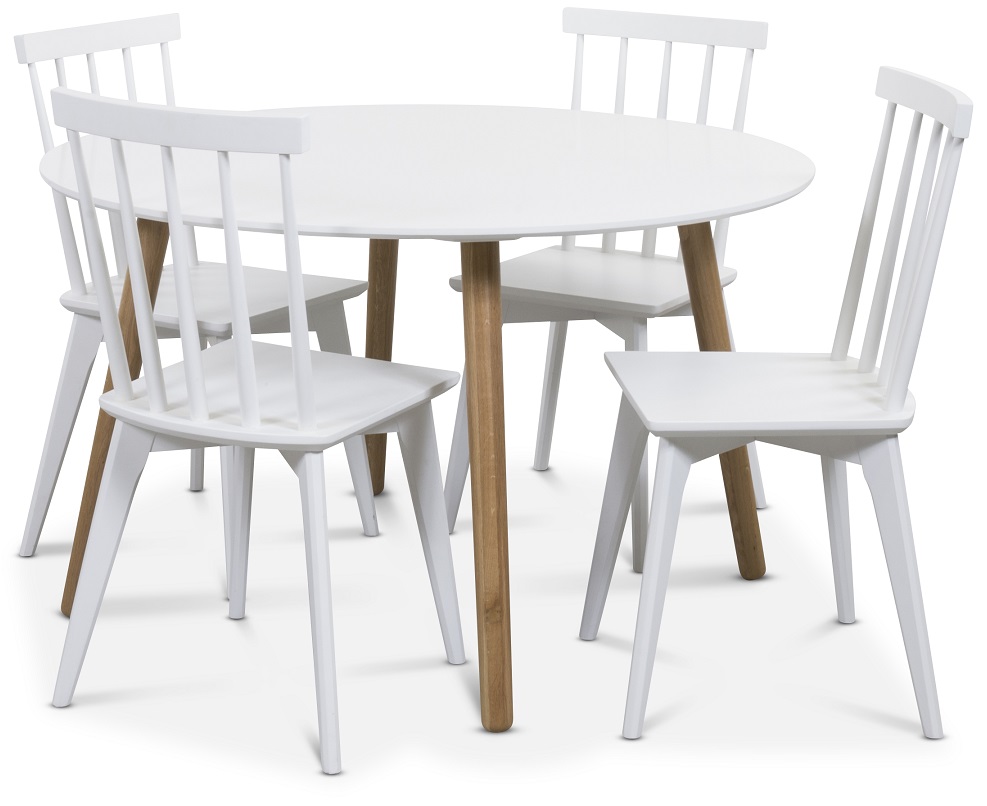 Rosvik matgrupp Runt bord vit/ek med 4 st vita Linköping Pinnstolar Rosvik matgrupp Runt bord vit/ek med 4 st vita Linköping Pinnstolar