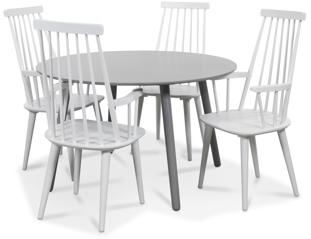 Rosvik eettafel grijze ronde tafel met 4 witte Dalsland rieten stoelen