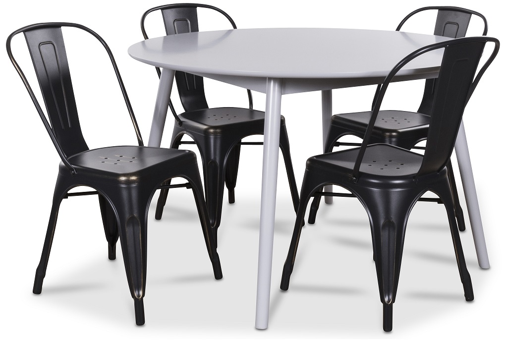 Göteborg matgrupp grått runt bord med 4 st Industry Plåtstolar - Grå / svart guld Göteborg matgrupp grått runt bord med 4 st Industry Plåtstolar - Grå / svart guld