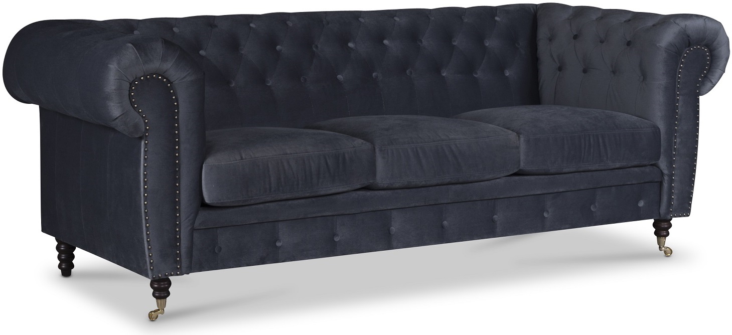 Sheffield Chesterfield 3-sits soffa i grå sammet Sheffield Chesterfield 3-sits soffa i grå sammet