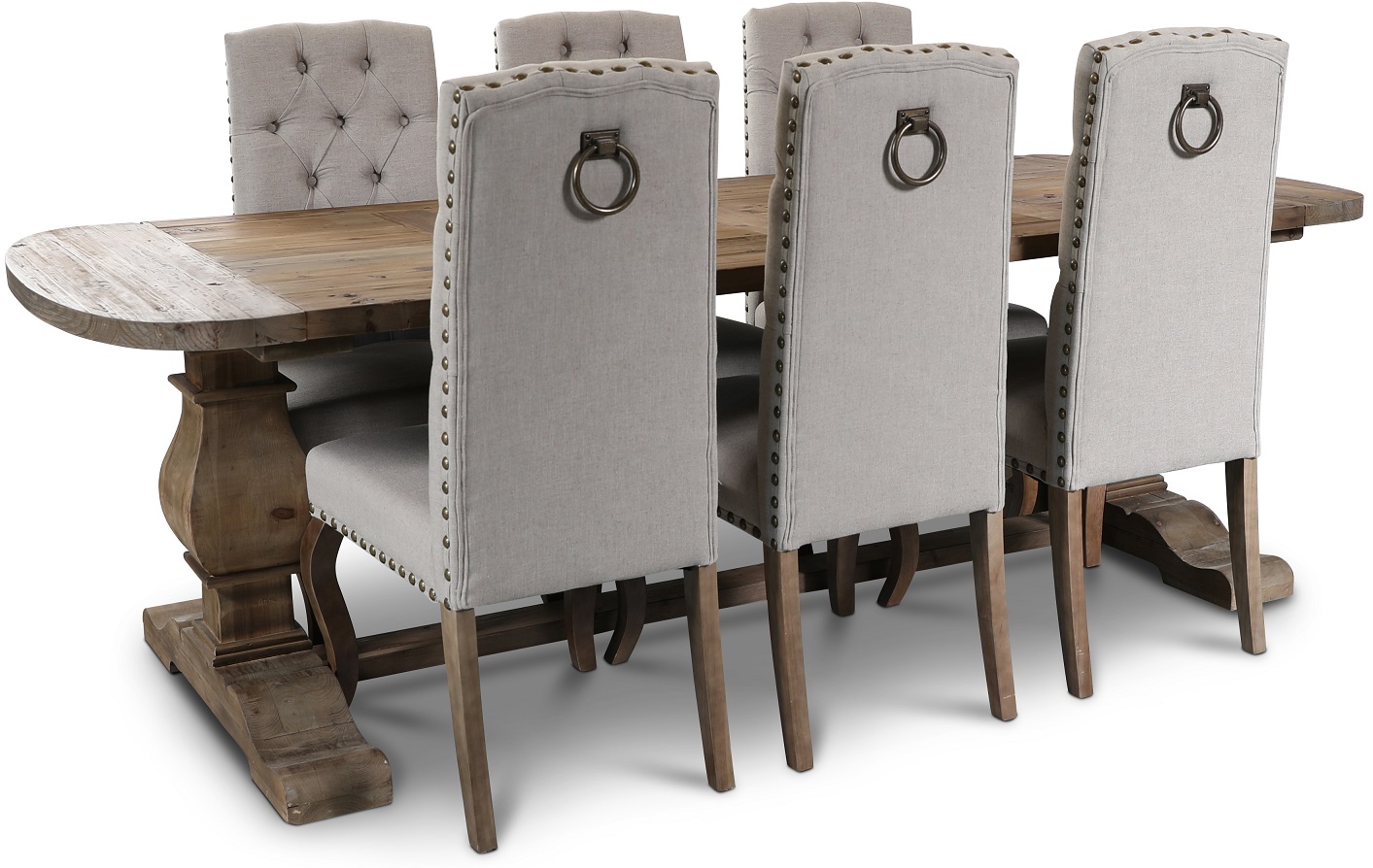 Newcastle matgrupp bord i �tervunnet tr� + 6 st matstolar i beige linne