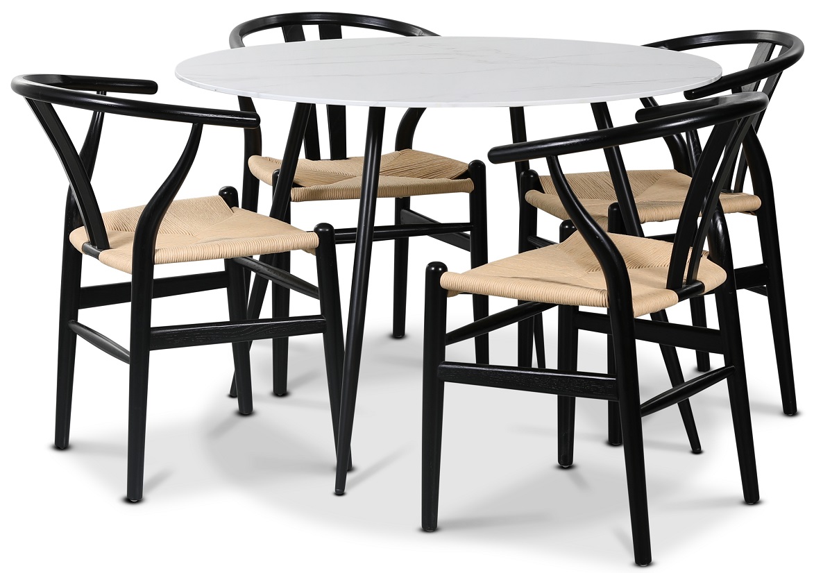 Sunda II matgrupp, 110 cm runt bord + 4 st Sunda stolar svarta / repsits