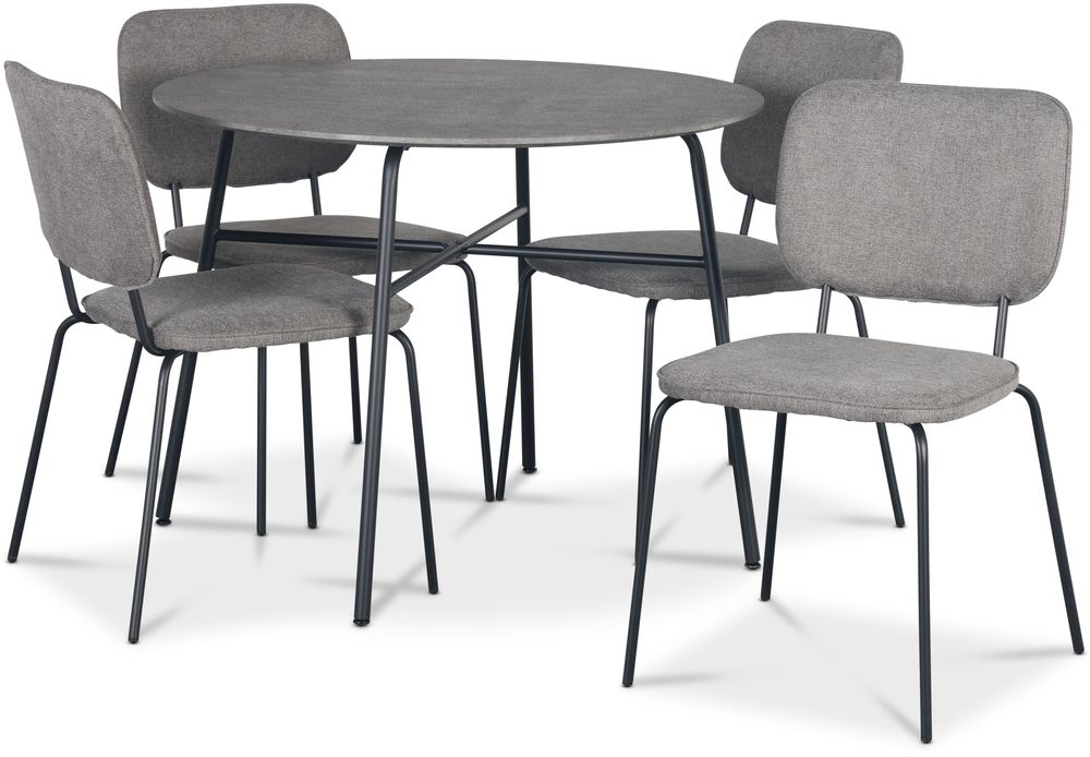 Tufta eettafel �100 cm in betonimitatie + 4 Lokrume grijze stoelen
