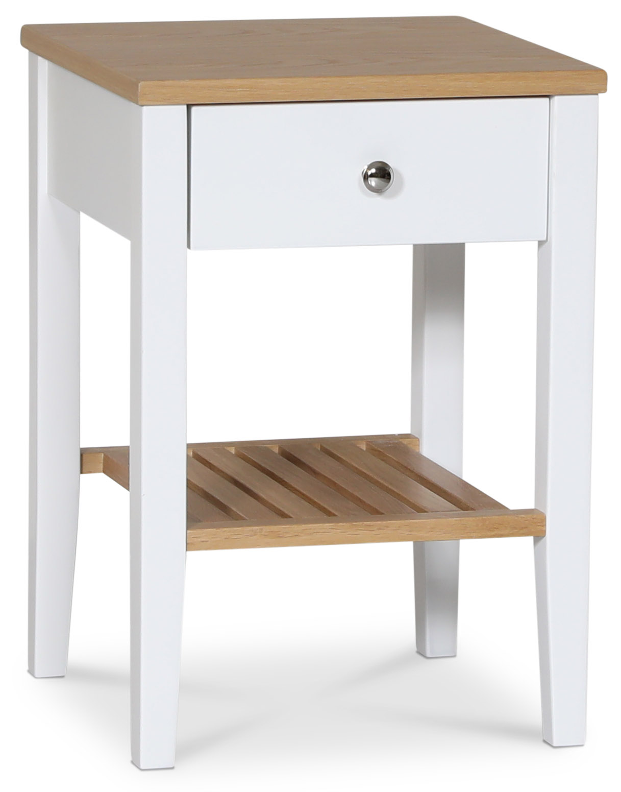 Halifax nachtkastje met lade en plank in eiken/wit + Meubelpoten