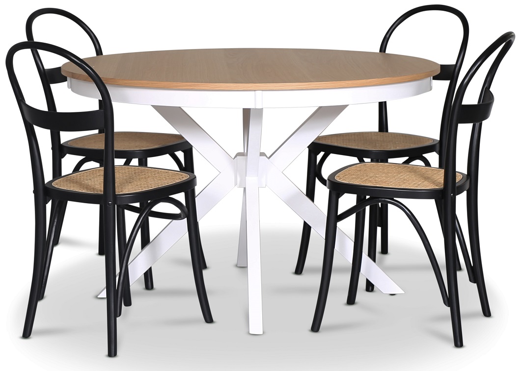 Troms� voedselgroep; ronde eettafel Wit / Eiken met 4 Danderyd No.16 eetkamerstoelen Zwart