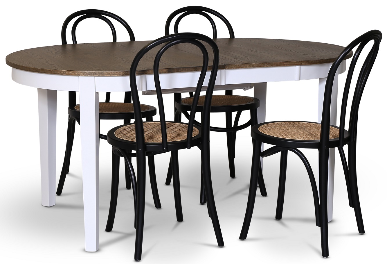 Skagen matgrupp; matbord 160/210x90 cm - Vit / brunoljad ek med 4 st Danderyd No.18 stolar Svarta