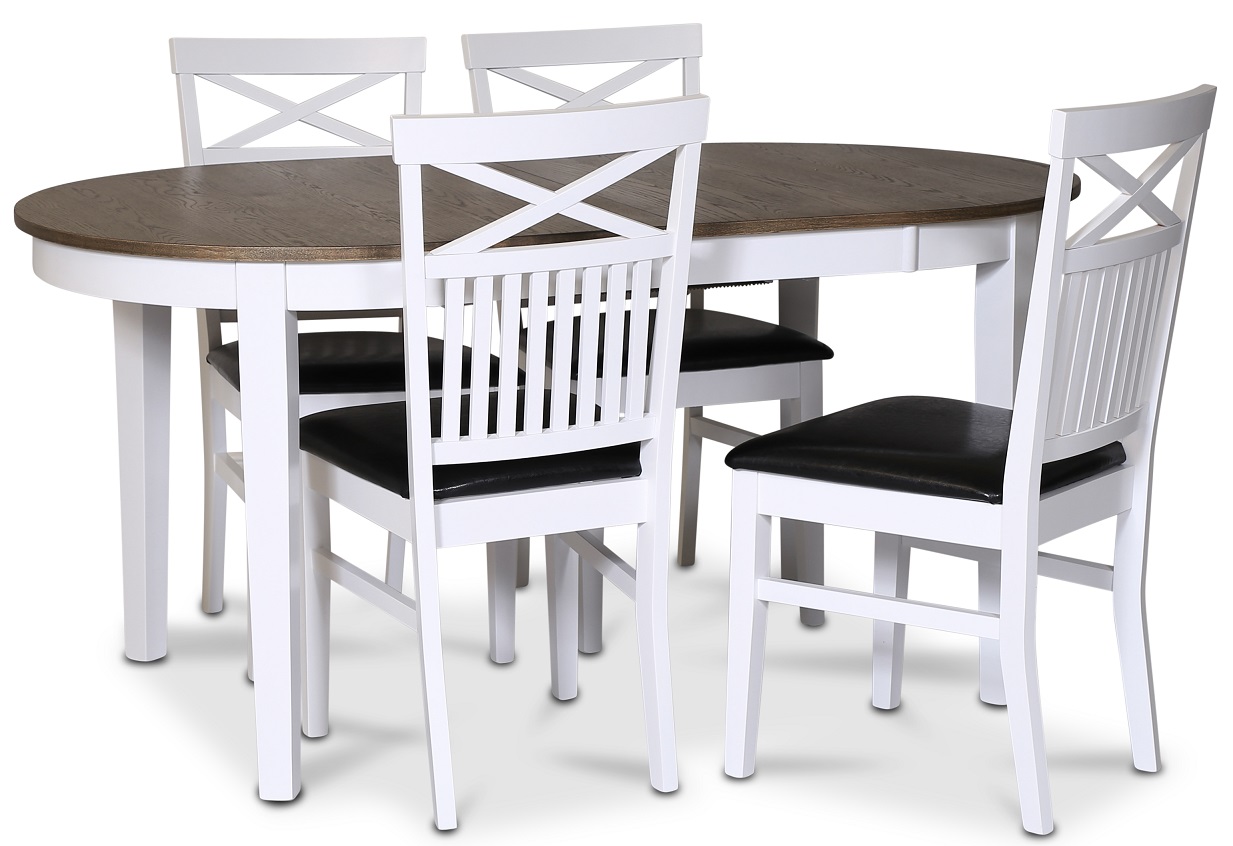 Skagen-voedselgroep; eettafel 160/210x90 cm - Wit/bruin geolied eiken met 4 F�r� stoelen met kruis, PU zitting