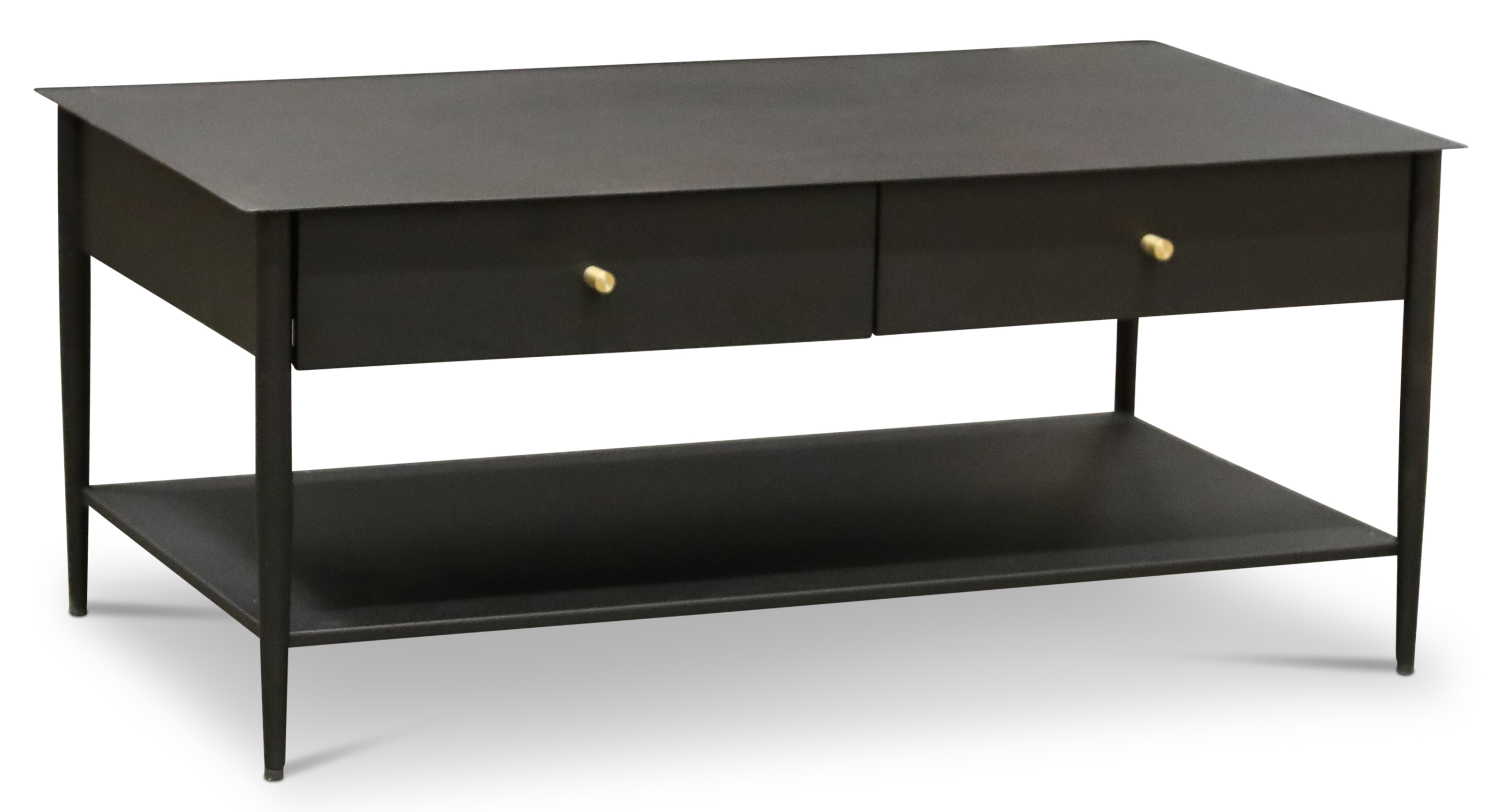 Flash soffbord med lådor - Svart metall med mässingsknoppar Flash soffbord med lådor - Svart metall med mässingsknoppar