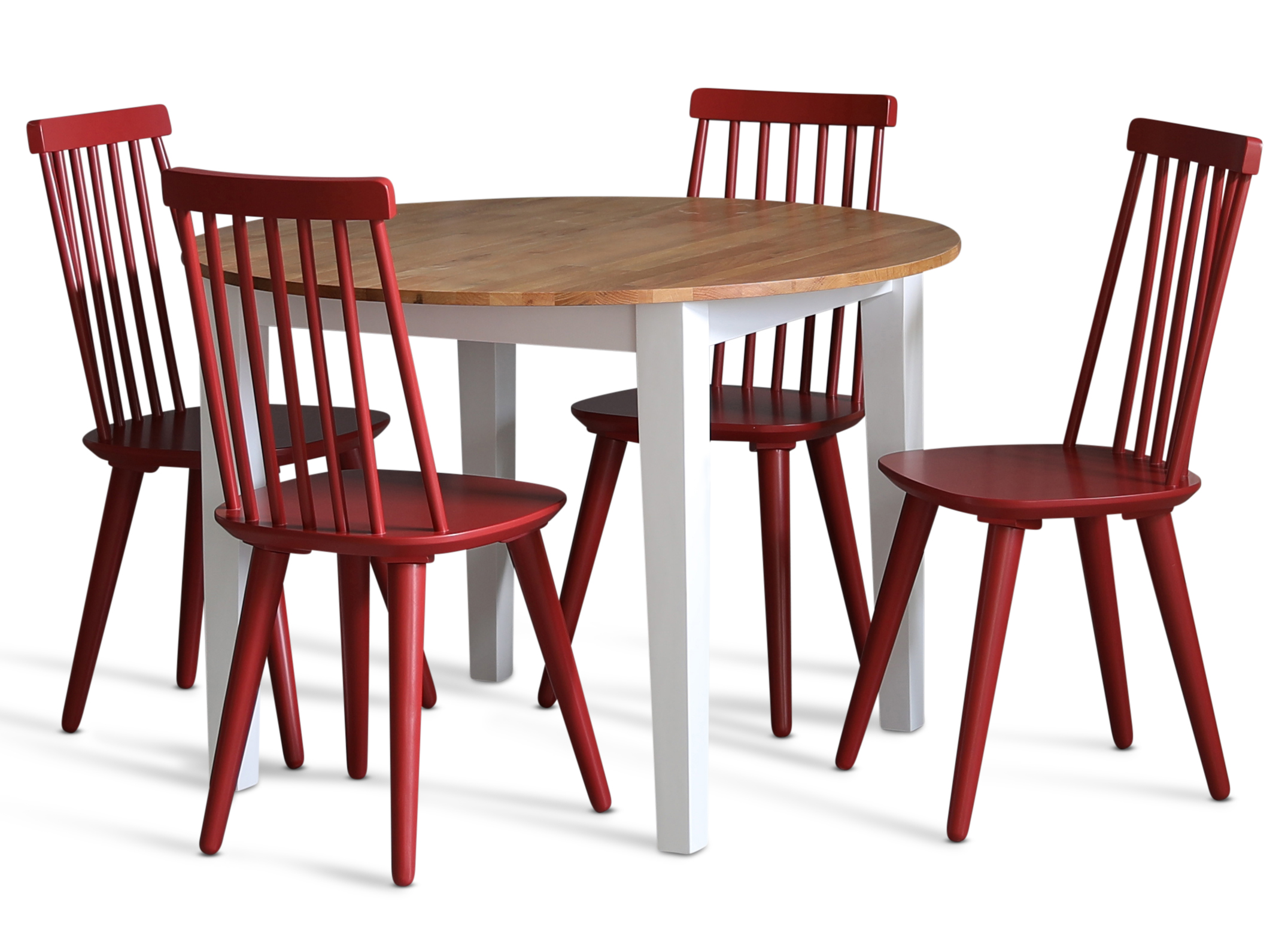 Eetkamerset: Ronde tafel in Eiken / Wit met 4 rode rieten stoelen