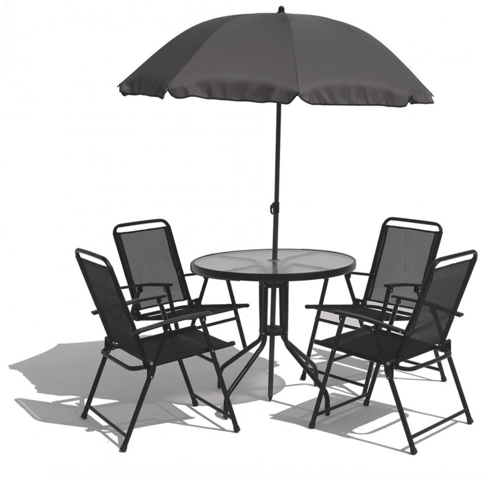 Utegrupp; bord + 4 stolar + parasoll + Reng�ringsmedel f�r utem�bler