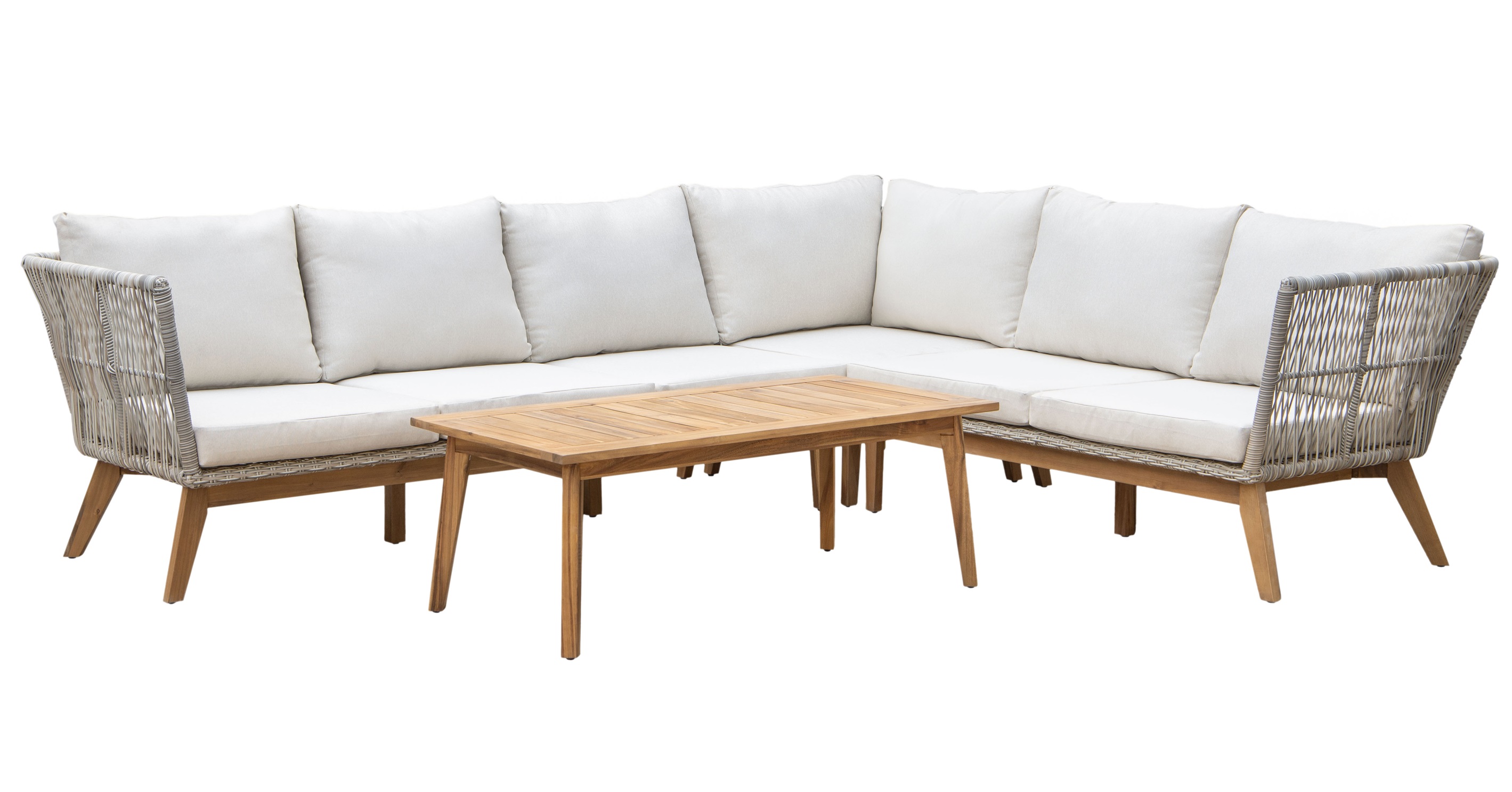 Inez utesoffgrupp med soffbord  - Gr� konstrotting & Akacia | H�rnsoffa