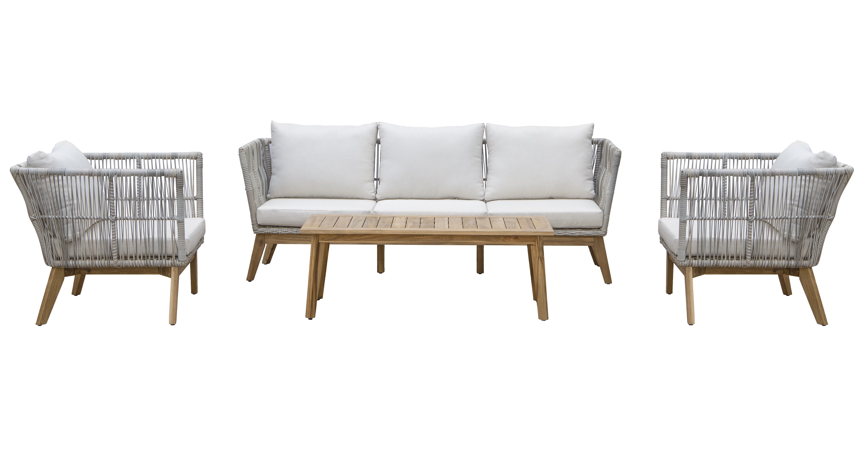 Inez loungegrupp; soffa, 2 f�t�ljer och soffbord - gr� konstrotting och akacia tr�