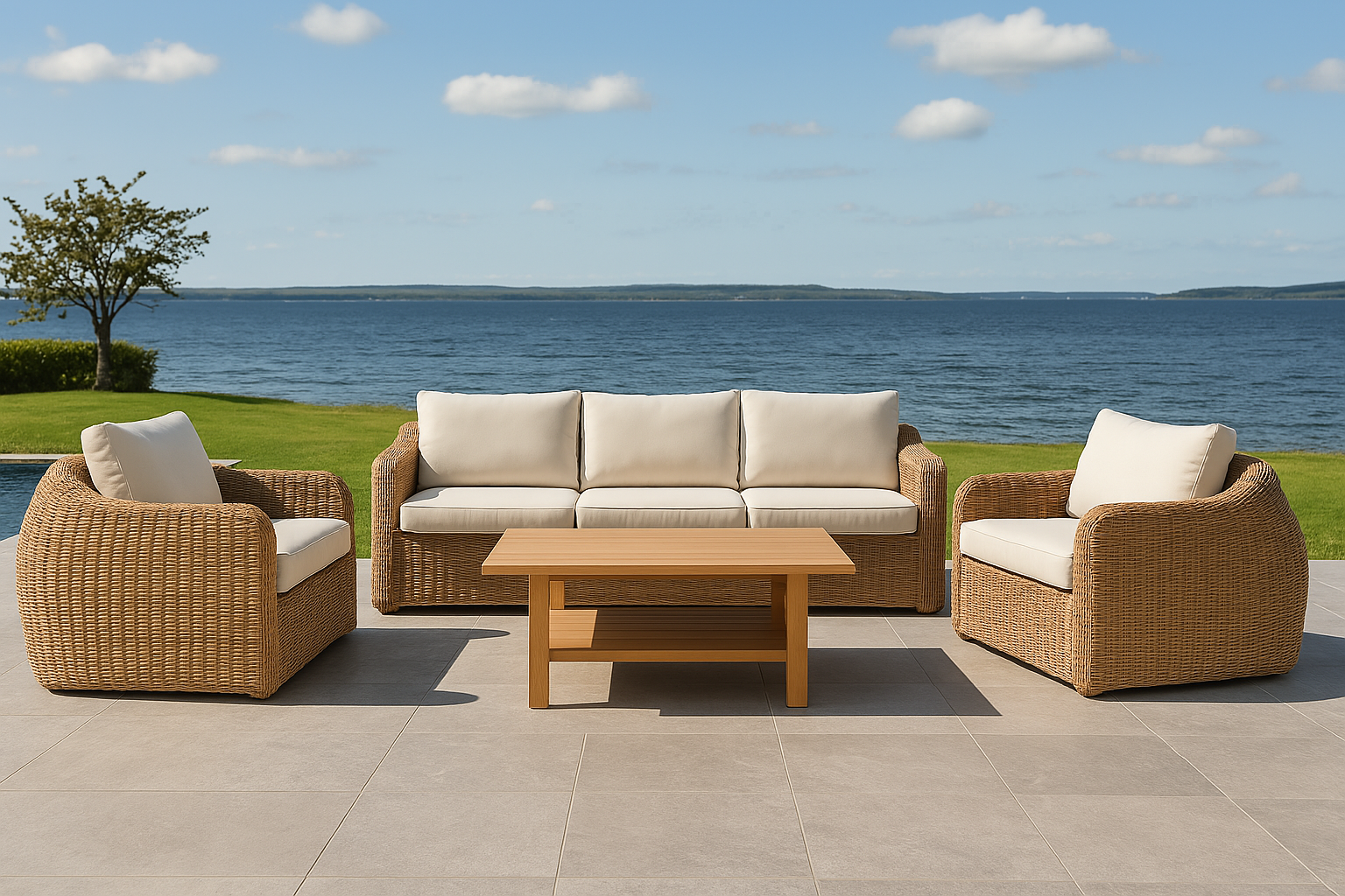 Utegrupp XL 2 st f�t�ljer med 3-sits soffa och bord + Textilskydd f�r utem�bler