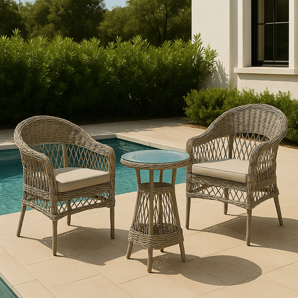 Utegrupp i konstrotting; 2 stolar med sidobord