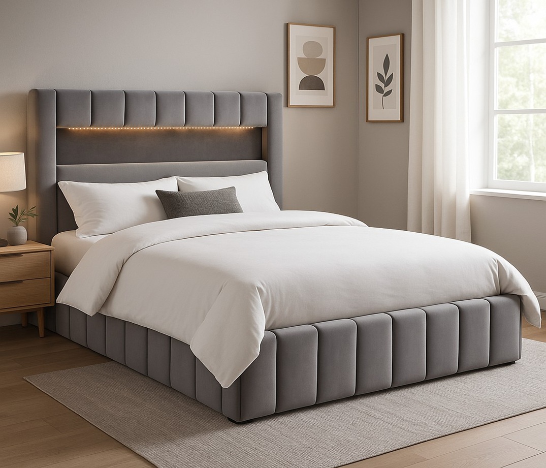 S�ngram med led-belysning 180x200 cm + Textilv�rd f�r m�bler