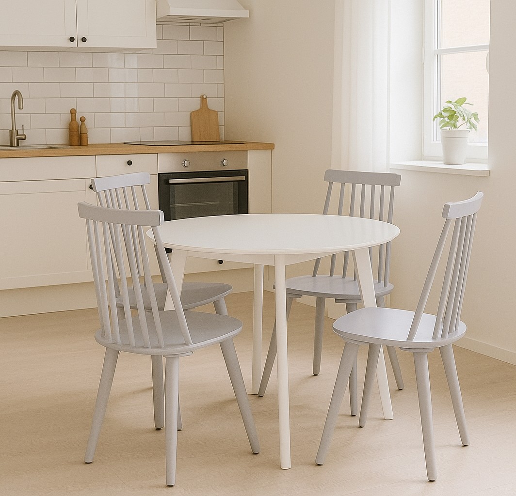 Sandhamn matgrupp; Runt matbord med 4 st gr�a Dalsland pinnstolar