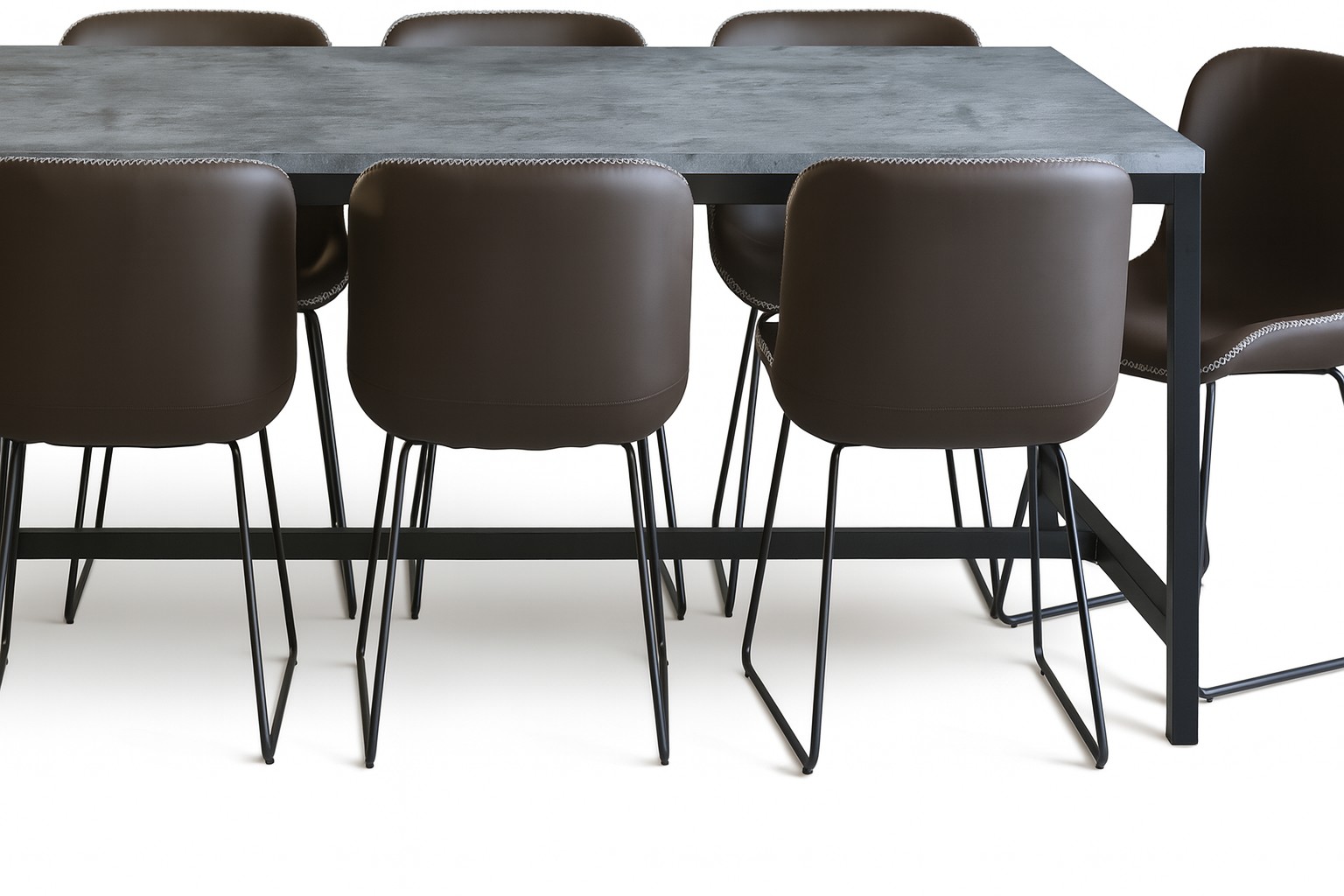 Texas matgrupp med 8 st Texas matstolar Brun PU + Texas matbord betong 200x100 cm