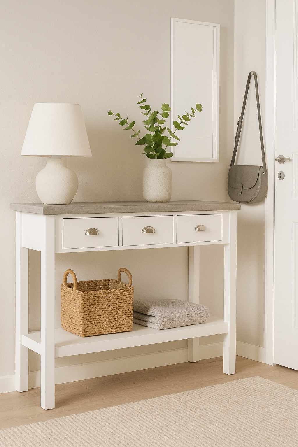 Hugo avlastningsbord med 3 ldor 110x36 cm - Vit / Cement + Mbeltassar