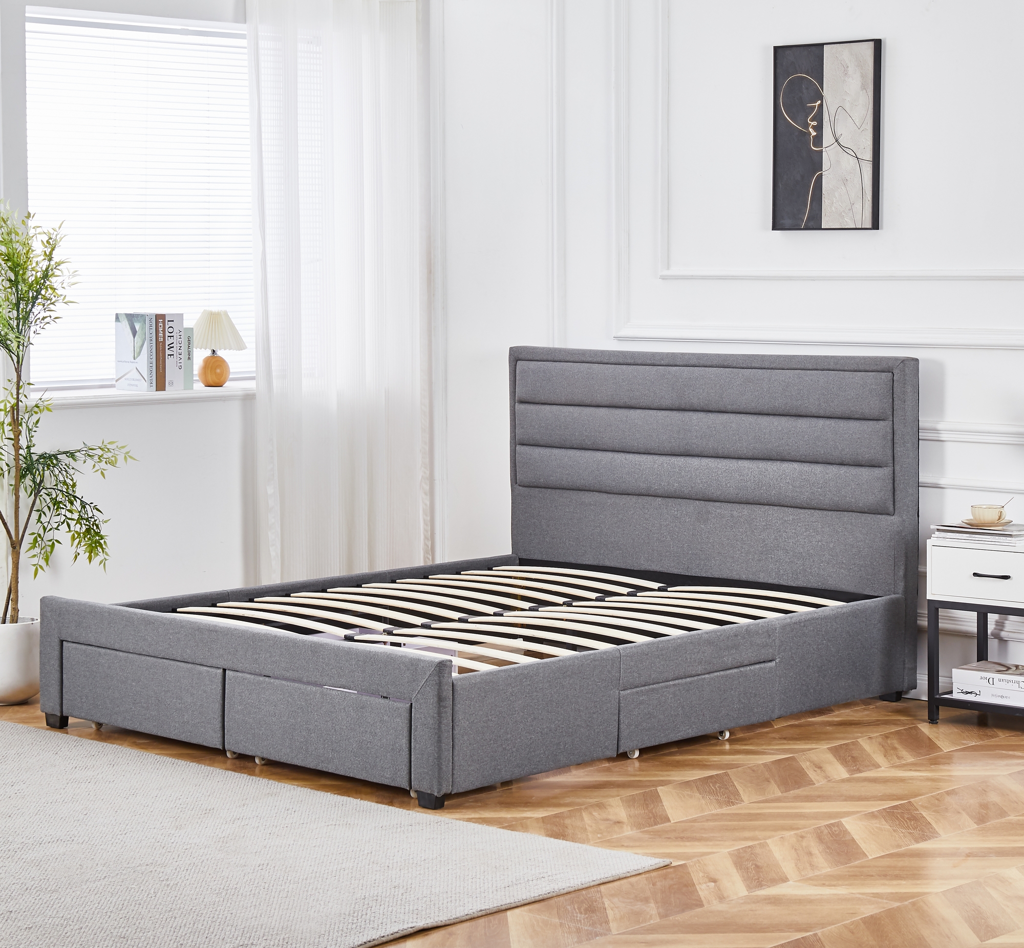 Sngram med frvaring inklusive snggavel 160 x 200 cm gr