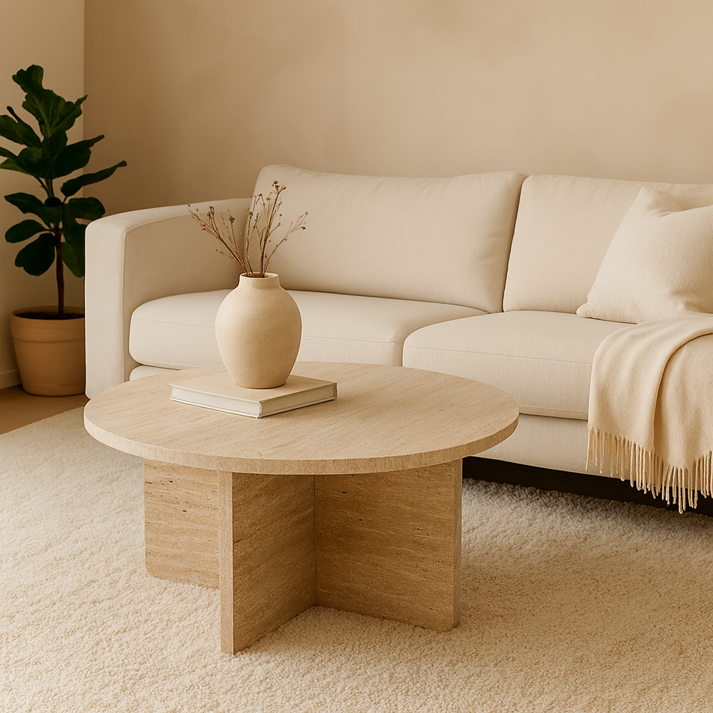 Level runt stenbord i travertin �85 cm