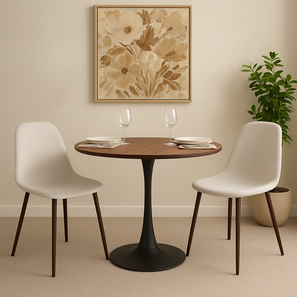 Olmo matbord 90 cm i valnt/svart med 2st Alfred matstol i Beige sammet och valnt ben