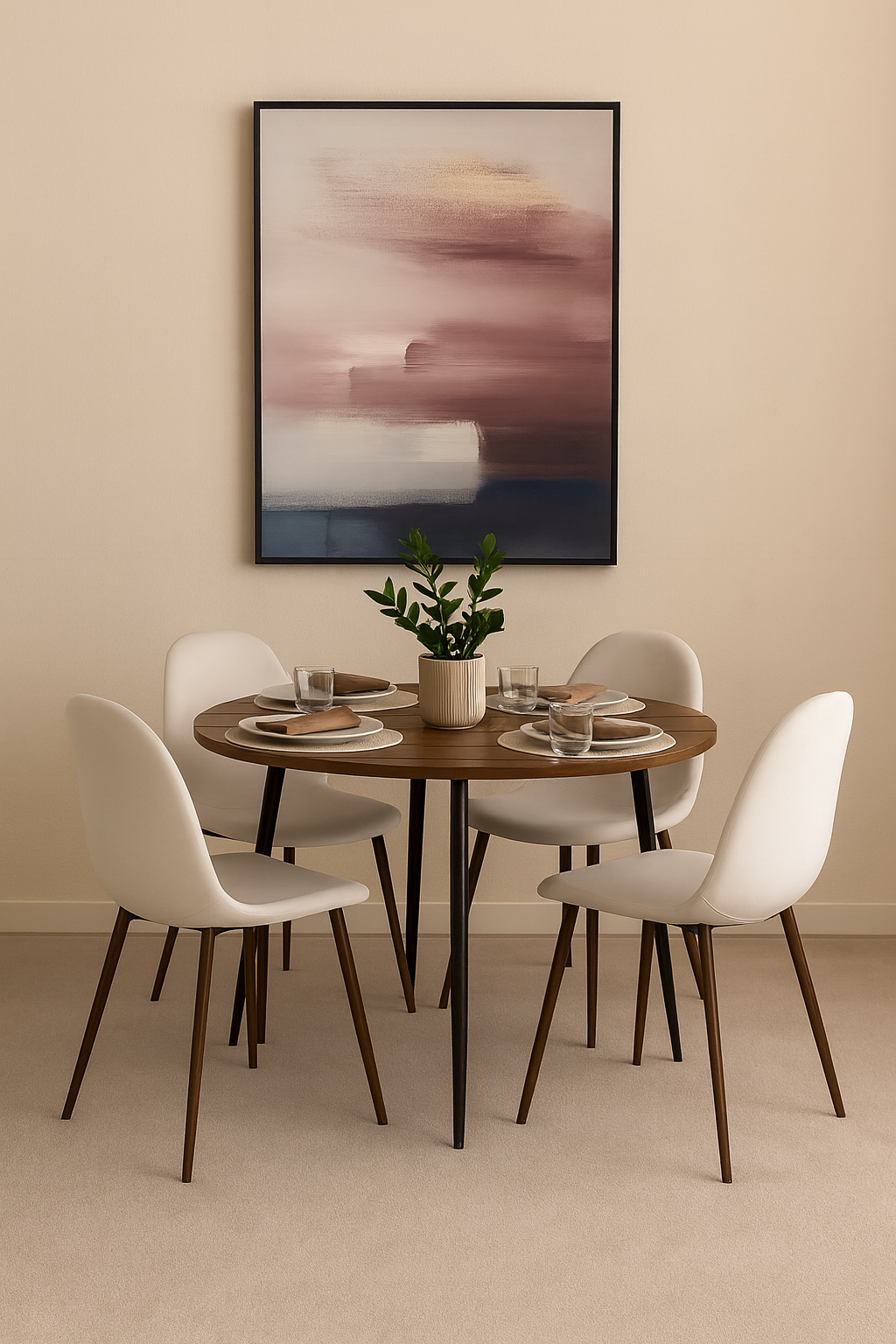 Dana matbord 105 cm i valnt med 4st Alfred matstol i beige sammet och valnt ben