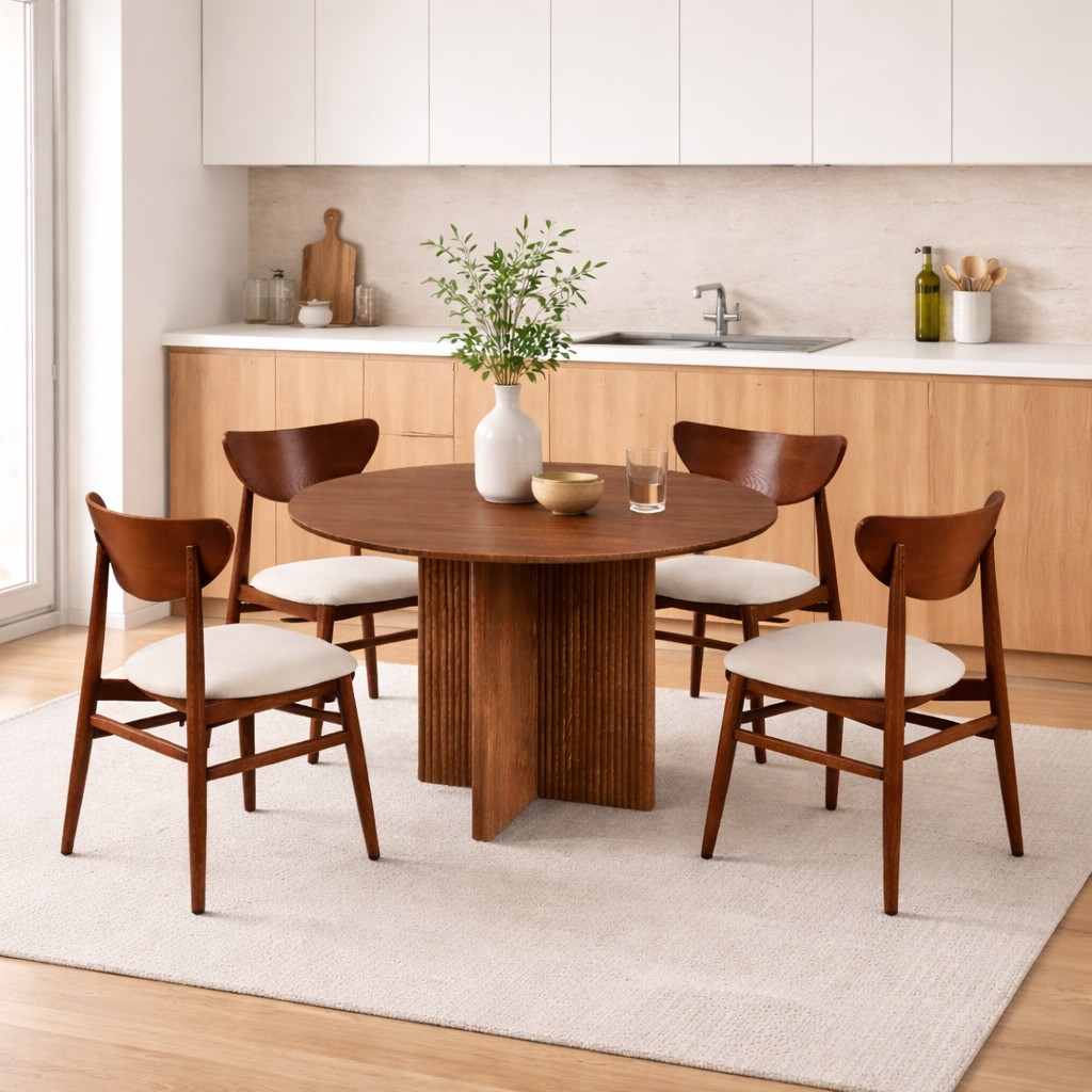 Matgrupp Crossby bord Ø120cm i valnöt med 4st Ludvig matstol i valnöt Matgrupp Crossby bord Ø120cm i valnöt med 4st Ludvig matstol i valnöt