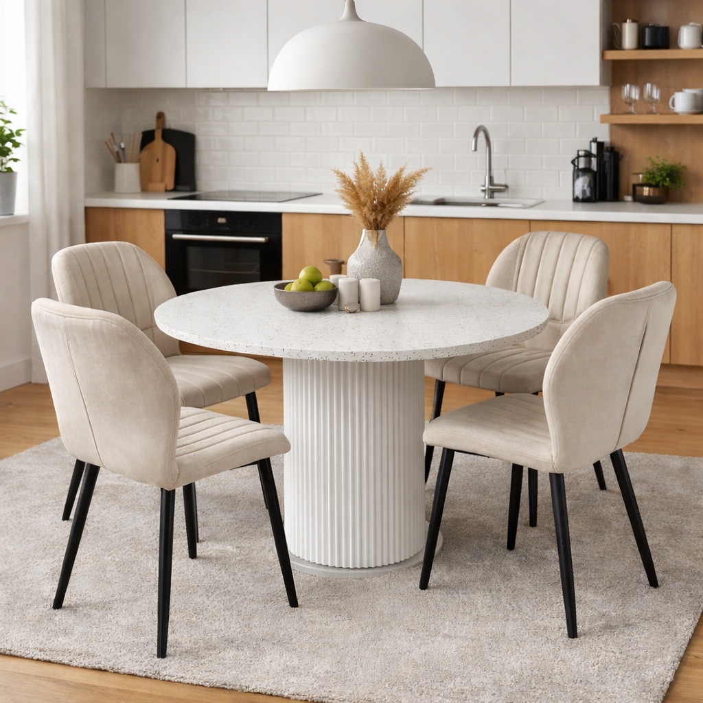 Matgrupp Sandö matbord Ø120cm i vit terazzo med 4st Santos matstol i beige velvet Matgrupp Sandö matbord Ø120cm i vit terazzo med 4st Santos matstol i beige velvet