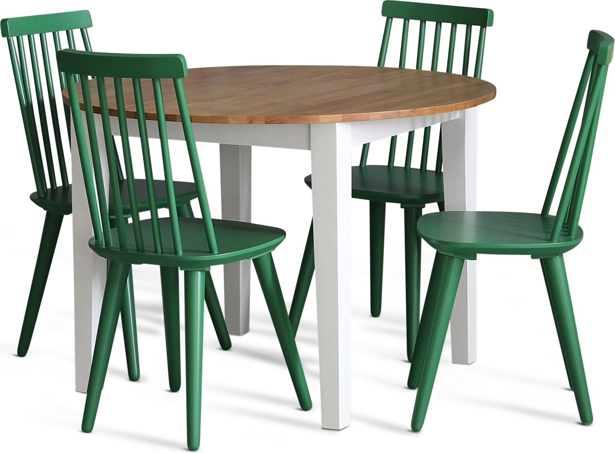 Matgrupp: Runt bord i Ek / Vit med 4 st gr�na Pinnstolar