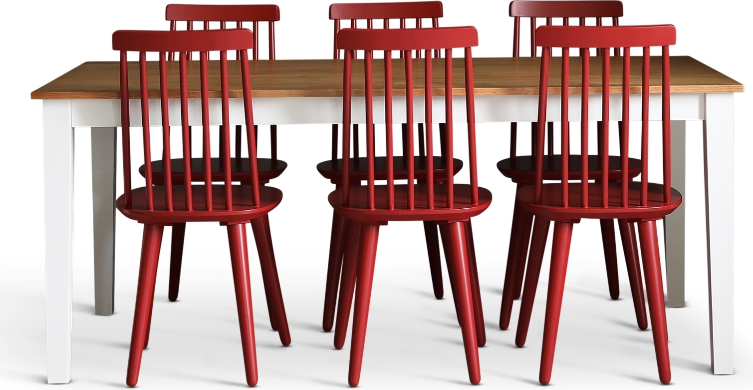 Dalsland matgrupp: Matbord i Ek / Vit med 6 st r�da Pinnstolar + 6.00 x Stolsdyna