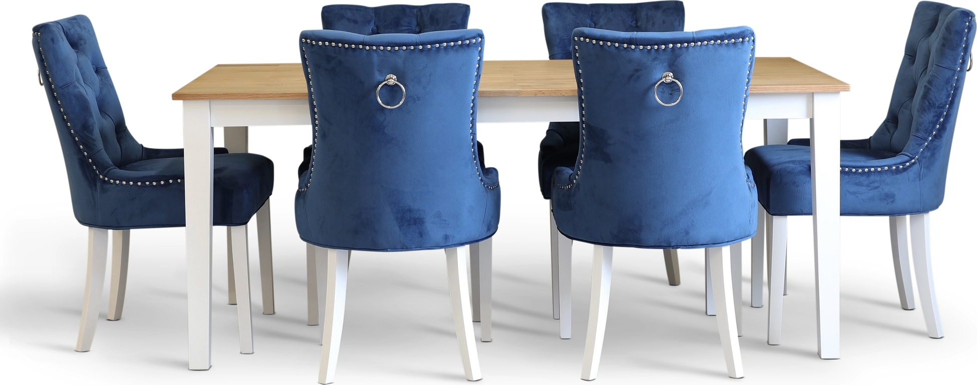 Dalsland matgrupp: Matbord i vit / ek med 6 st Tuva stolar i bl� sammet