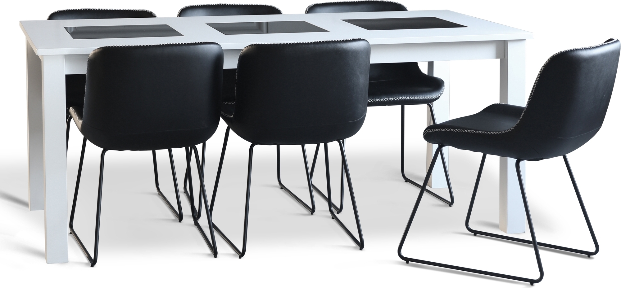 Granit matgrupp; Bord 180x90 cm vitt med 6 st Texas matstolar svart PU + 4.00 x Granit matgrupp; Bord 180x90 cm vitt med 6 st Texas matstolar svart PU + 4.00 x