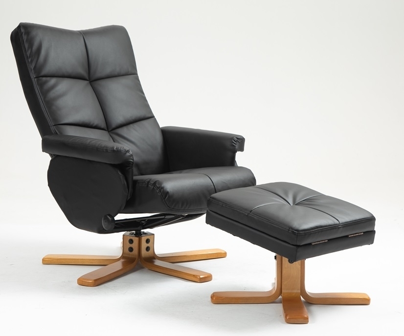 Duva reclinerf�t�lj med fotpall i svart PU med bruna ben + M�beltassar