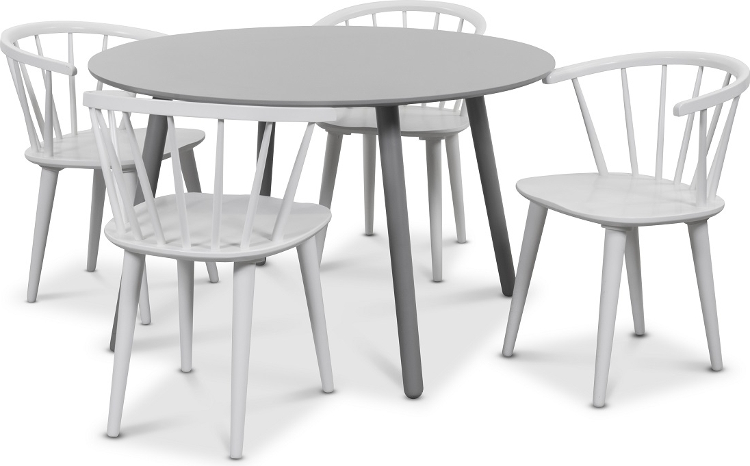 Rosvik matgrupp gr�tt runt bord med 4 st vita Dalsland Pinnstolar