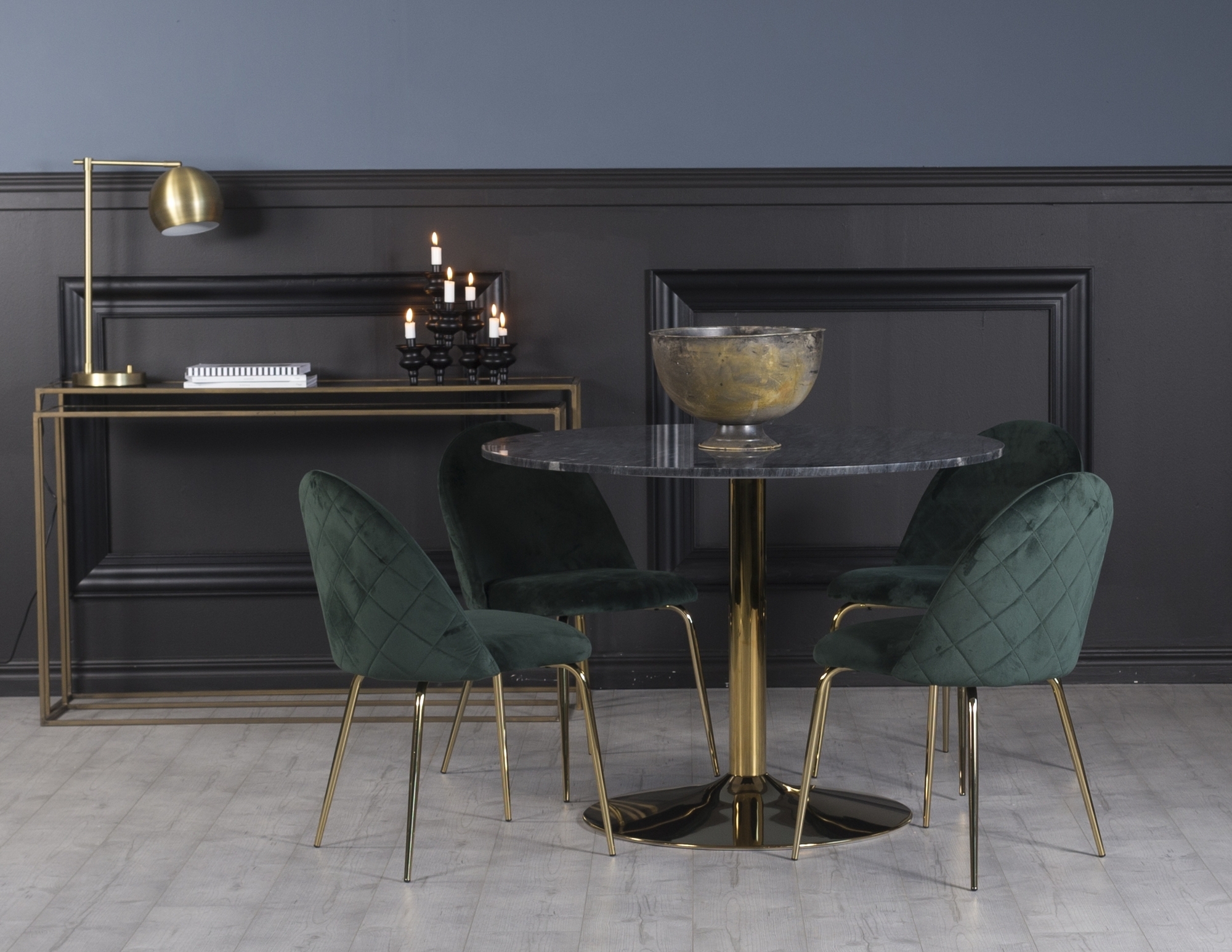 Plaza matgrupp, marmorbord med 4 st Plaza sammetsstolar - Gr�n/Gr�/M�ssing