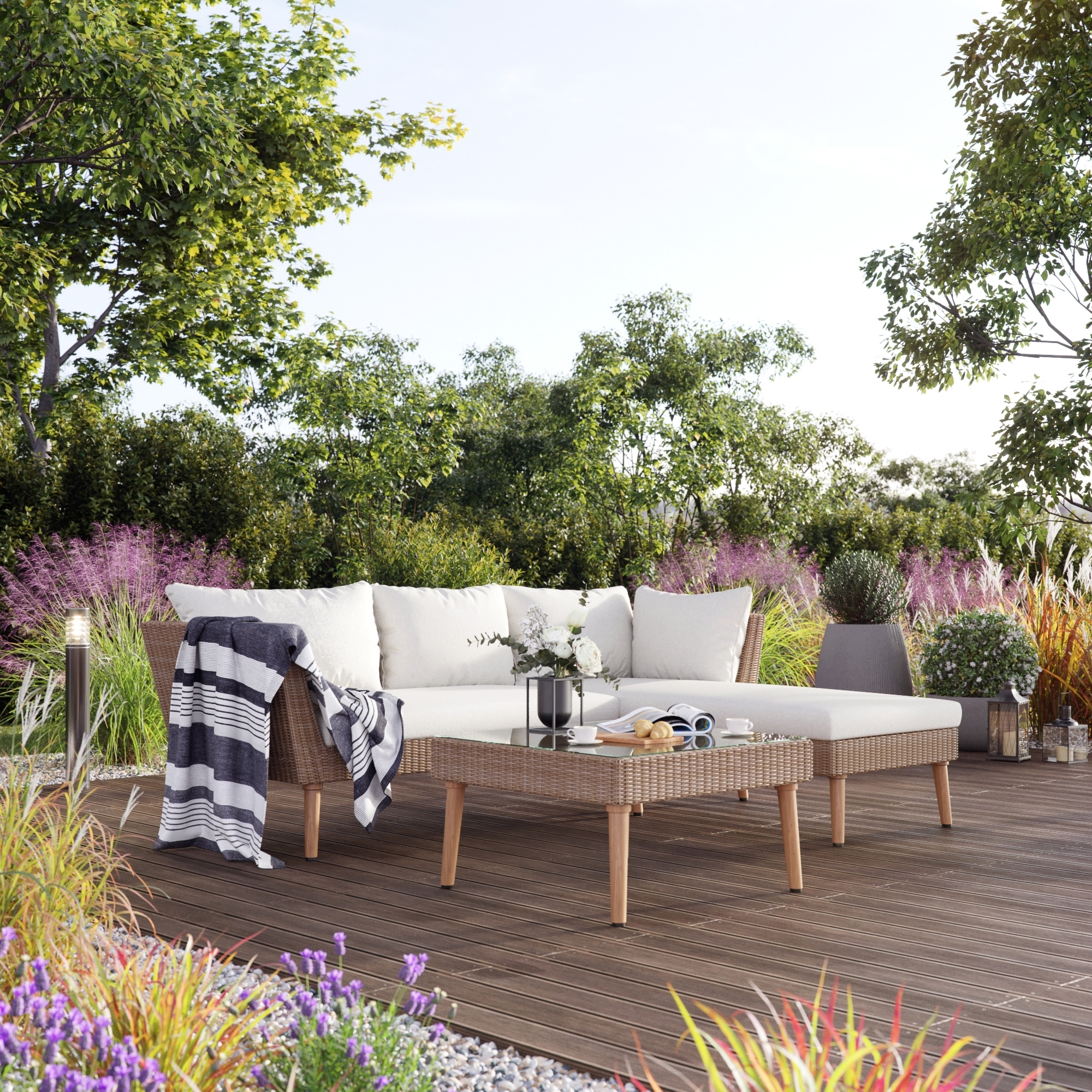 Asker�d utegrupp divansoffa med bord - Ljus konstrotting