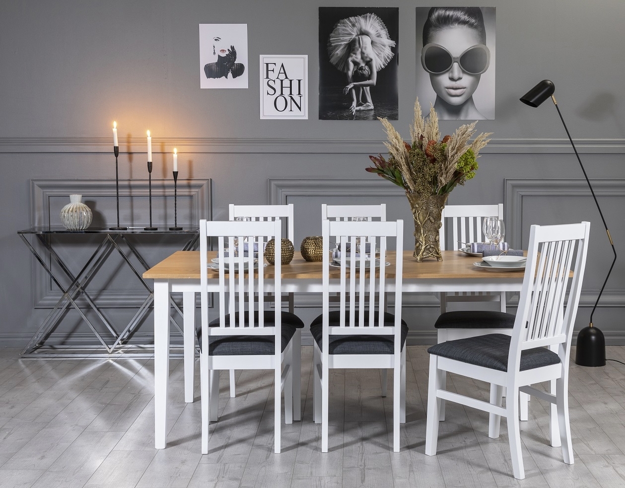 F�r� matgrupp: Bord 180 cm inklusive 6 G�s� stolar - Vit/Ek