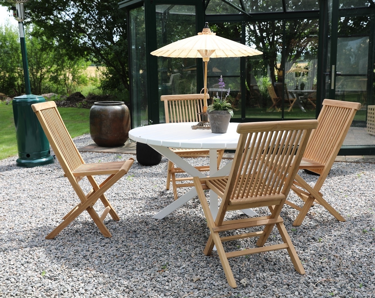 Scottsdale utematgrupp runt bord med 4 st Salt� teakstolar - Teak/Vit + Tr�olja f�r m�bler