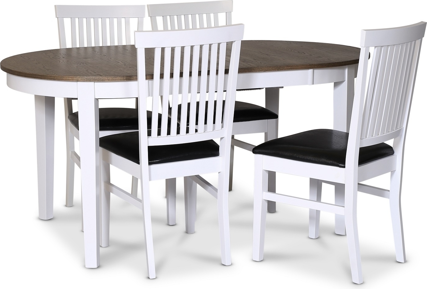 Skagen matgrupp; matbord 160/210x90 cm - Vit / brunoljad ek med 4 st Fårö stolar med PU sits Skagen matgrupp; matbord 160/210x90 cm - Vit / brunoljad ek med 4 st Fårö stolar med PU sits