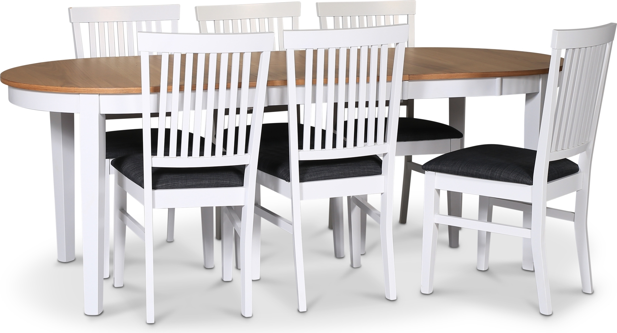 Fårö matgrupp; matbord 160/210x90 cm - Vit / oljad ek med 6 st Fårö stolar med sits i grått tyg + 6.00 x Fårö matgrupp; matbord 160/210x90 cm - Vit / oljad ek med 6 st Fårö stolar med sits i grått tyg + 6.00 x