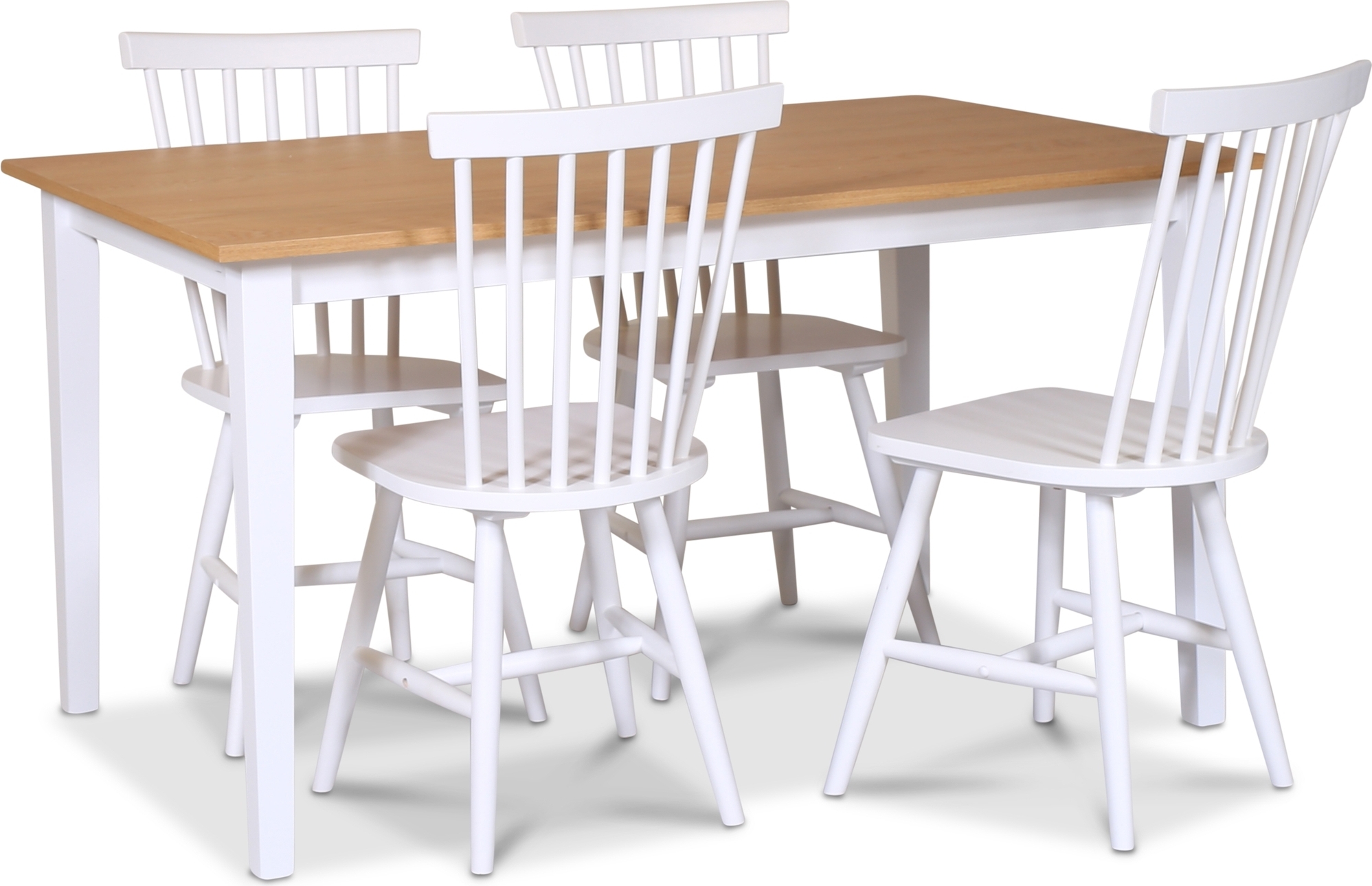 Fårö matgrupp; matbord 140x90 cm - Vit / oljad ek med 4 st vita Karl pinnstolar Fårö matgrupp; matbord 140x90 cm - Vit / oljad ek med 4 st vita Karl pinnstolar
