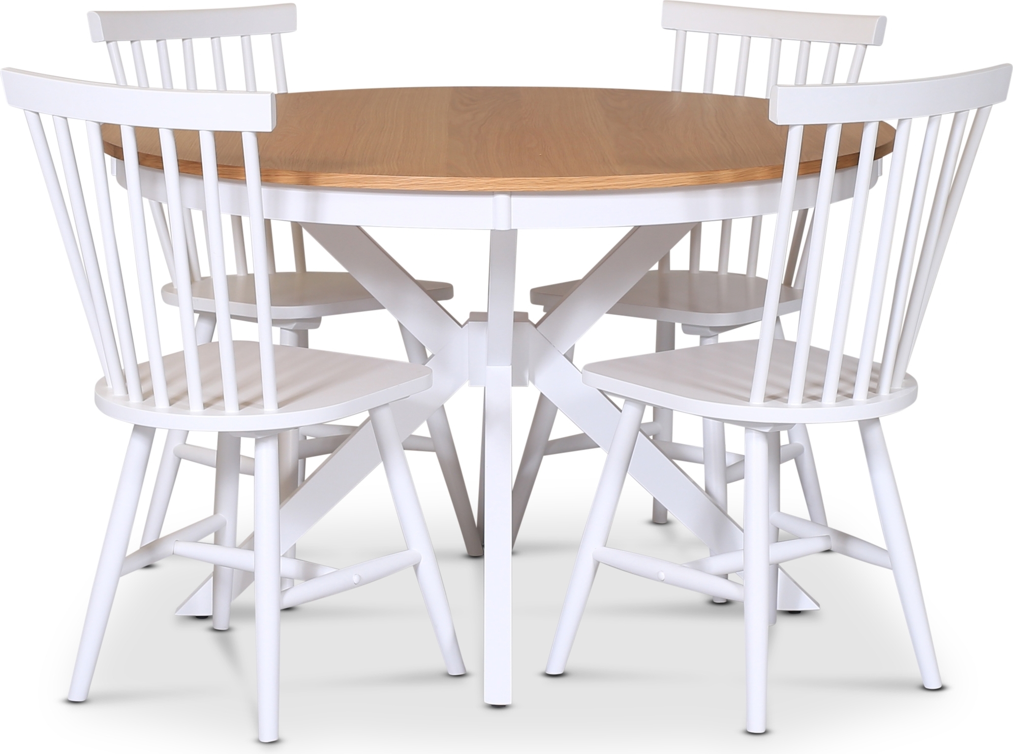 Troms� matgrupp; runt matbord 120 cm - Vit / oljad ek med 4 st vita Karl pinnstolar