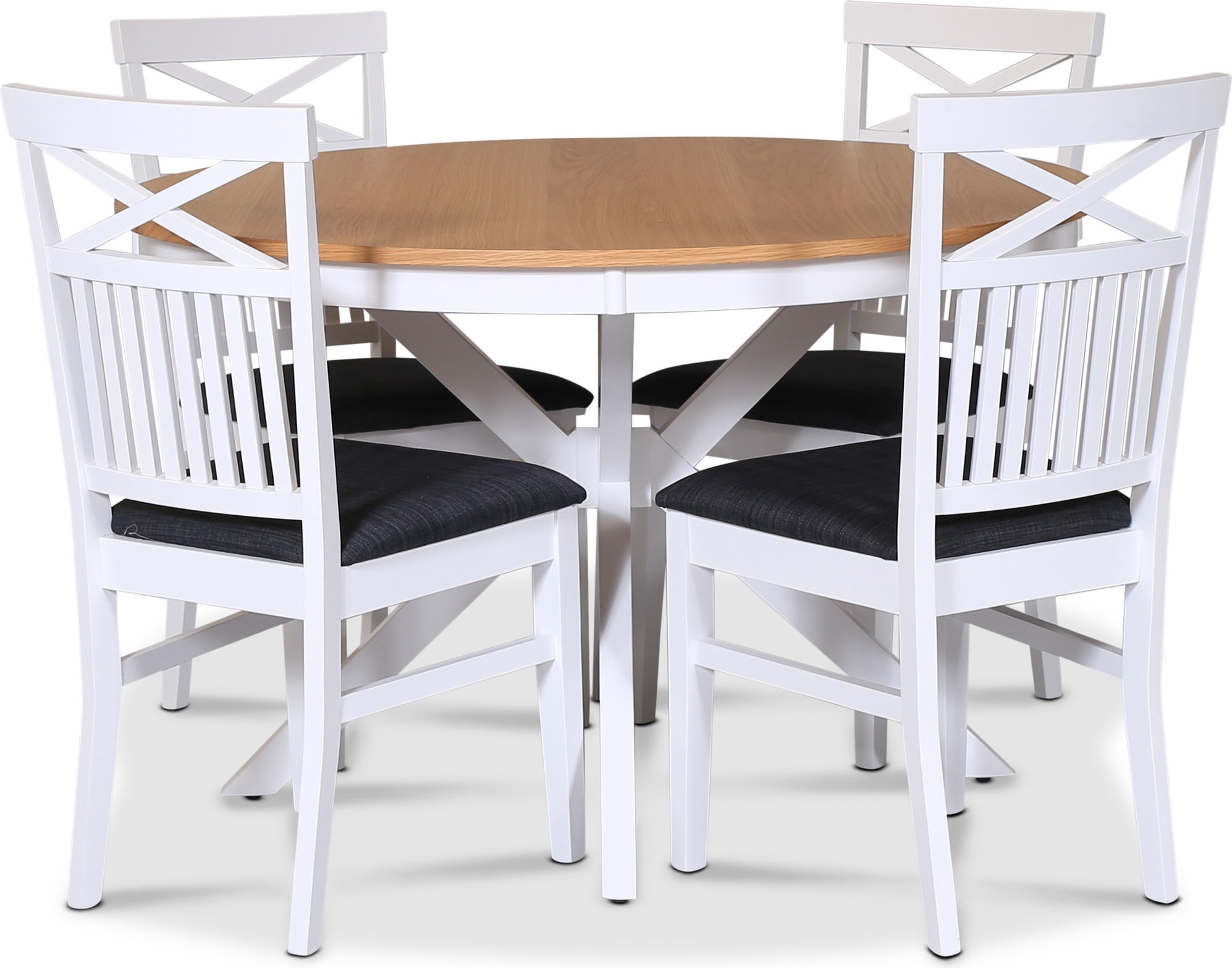Troms� matgrupp; runt matbord 120 cm - Vit / oljad ek med 4 st Skagen stolar med gr� sits + 4.00 x Stolsdyna