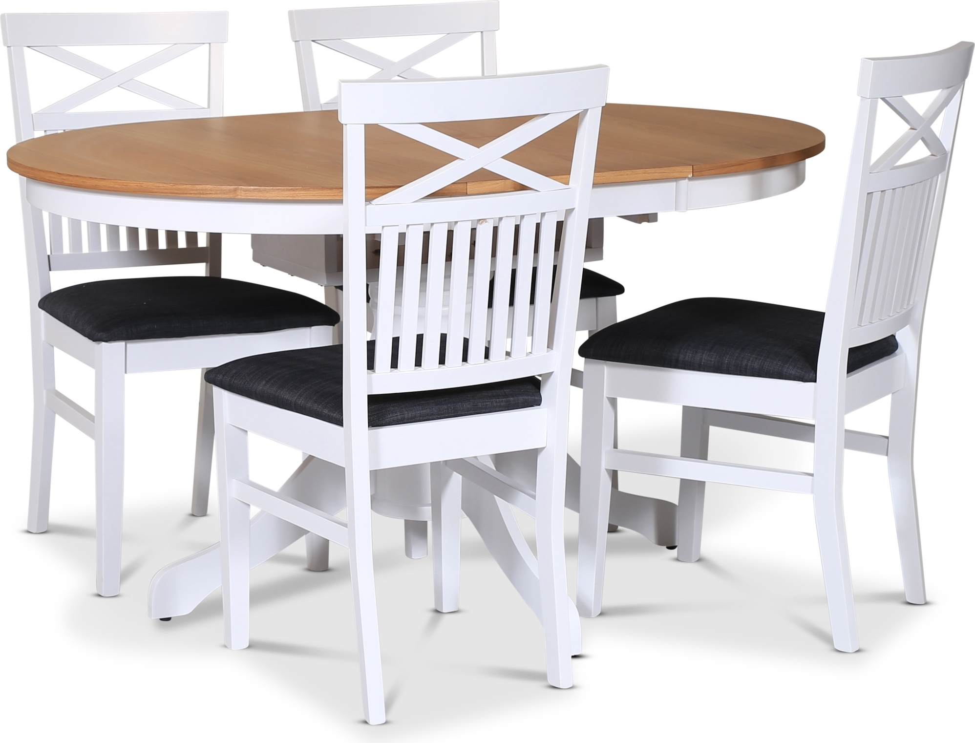 Fitchburg matgrupp; runt matbord 106 /141 cm - Vit / oljad ek med 4 st Skagen stolar med kryss i ryggen, sits i gr�tt tyg