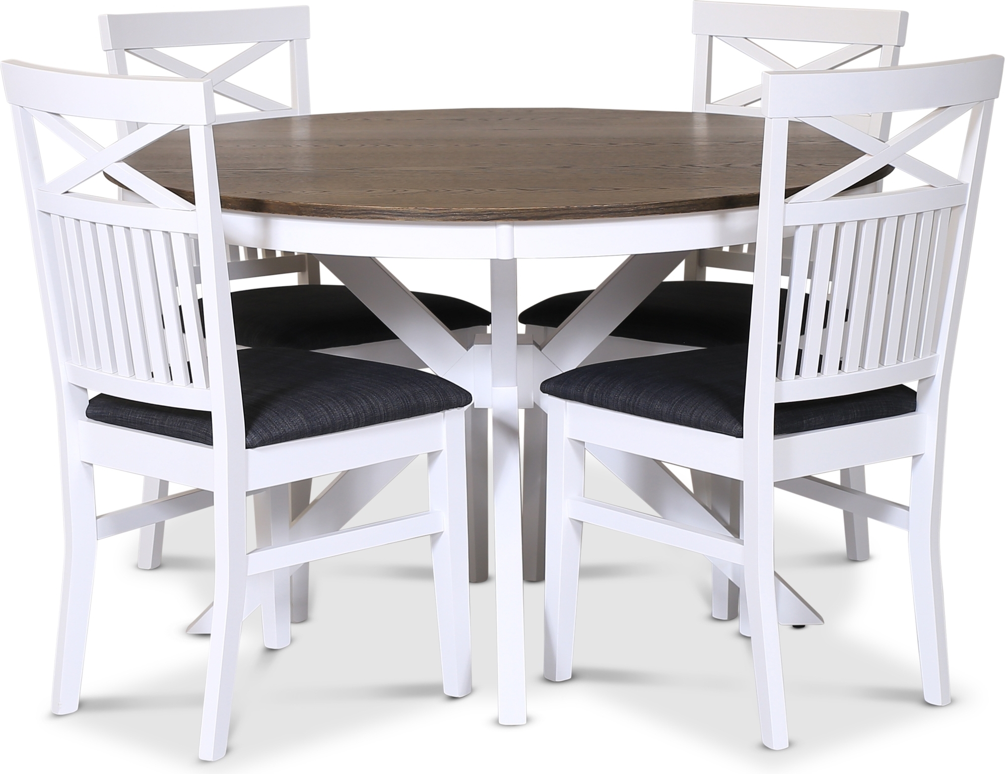 Skagen matgrupp; runt matbord �120 cm - Vit / brunoljad ek med 4 st Skagen stolar med gr� sits + 4.00 x Stolsdyna