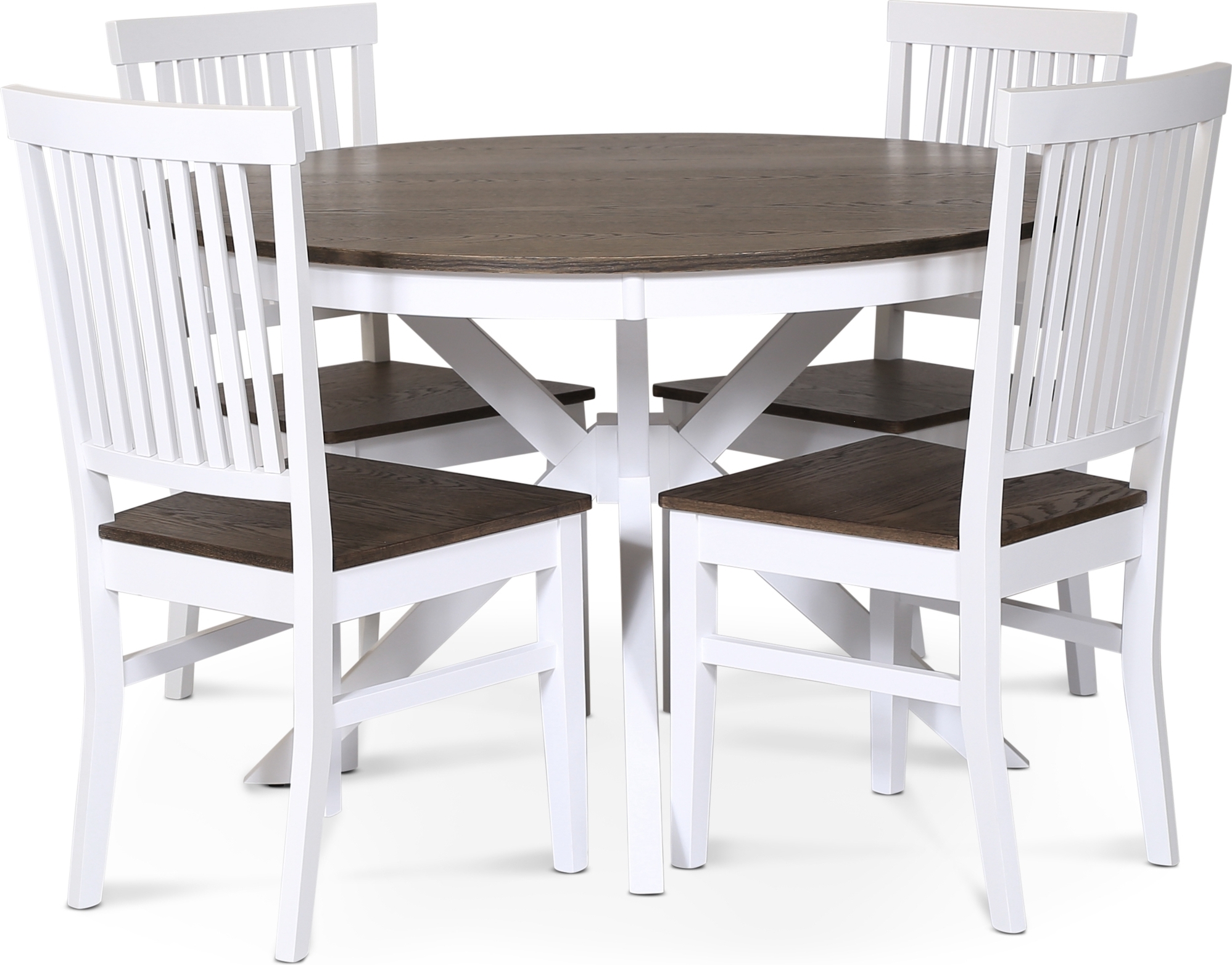 Skagen matgrupp; runt matbord �120 cm - Vit / brunoljad ek med 4 st Skagen stolar (Ribbor i ryggen) med brunoljad eksits + 3.00 x M�beltassar