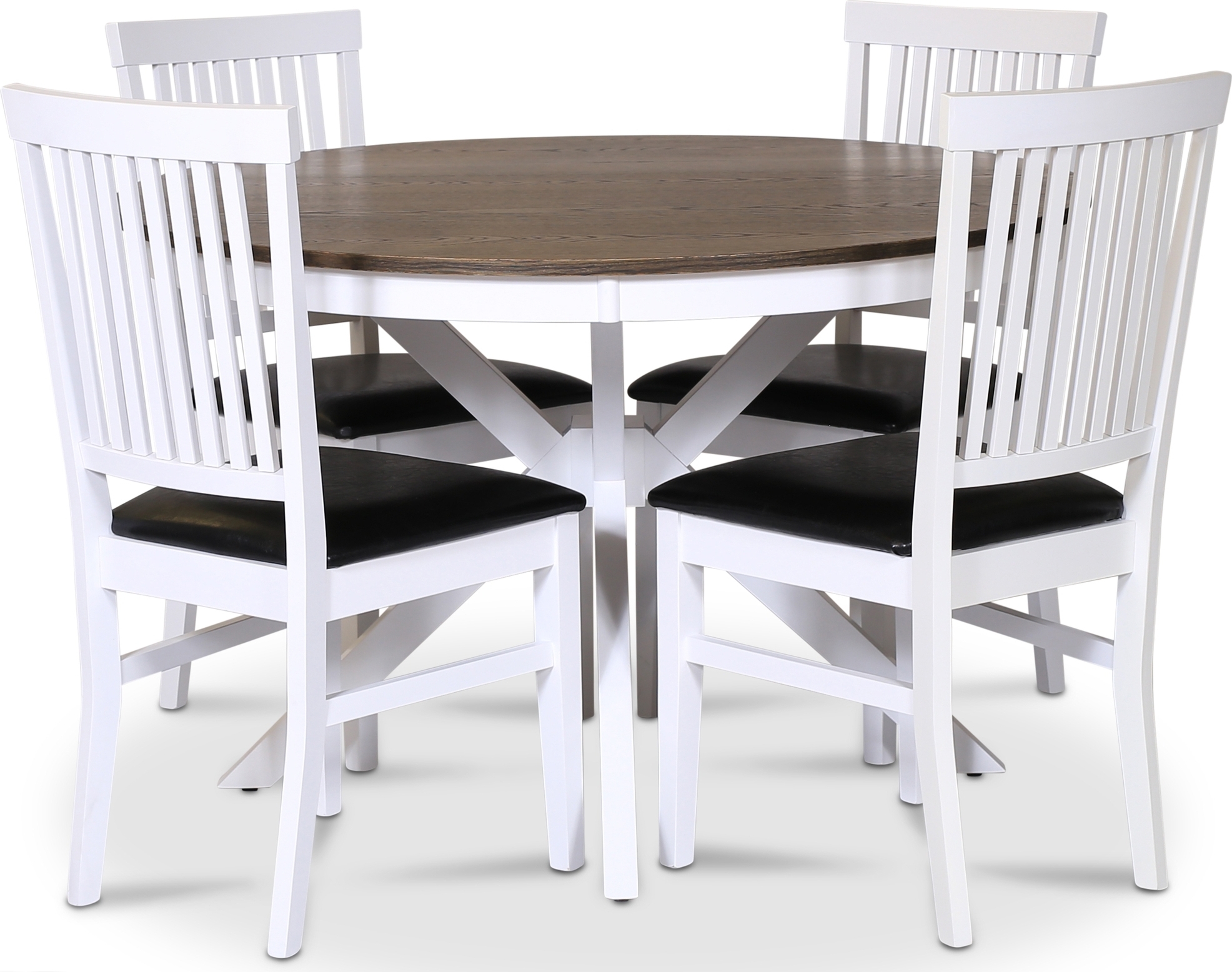Skagen matgrupp; runt matbord �120 cm - Vit / brunoljad ek med 4 st F�r� stolar (Ribbor i ryggen) med svart PU-sits + 4.00 x Stolsdyna